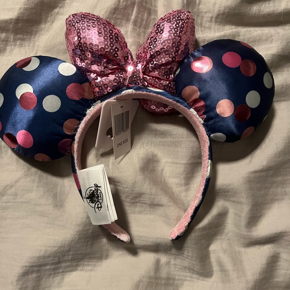 Disney Parks Mickey Mouse Ears Headband -  Navy with  Pink Bow - NEW